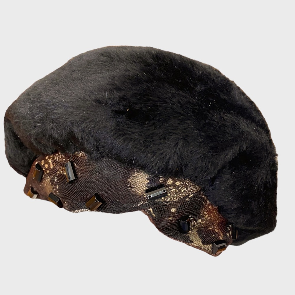 Christian Dior Vintage 1960s Black Fur Hat Beaded Feather Mesh Trim